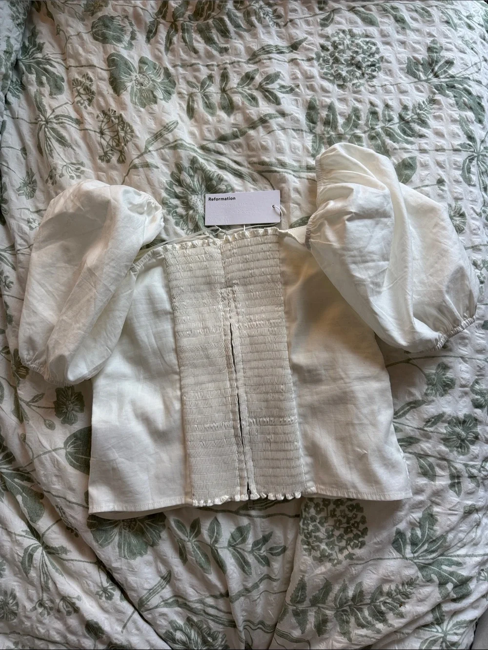 Reformation White Ruched Puff-Sleeve Blouse
